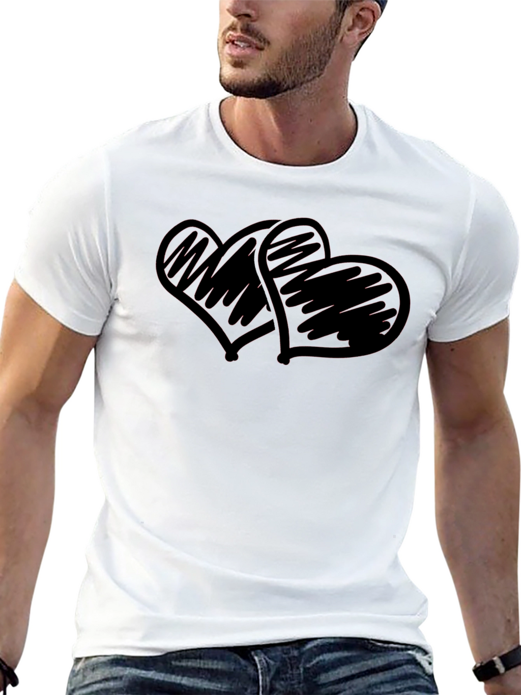 Black T-Shirt with Scribbled Hearts Design