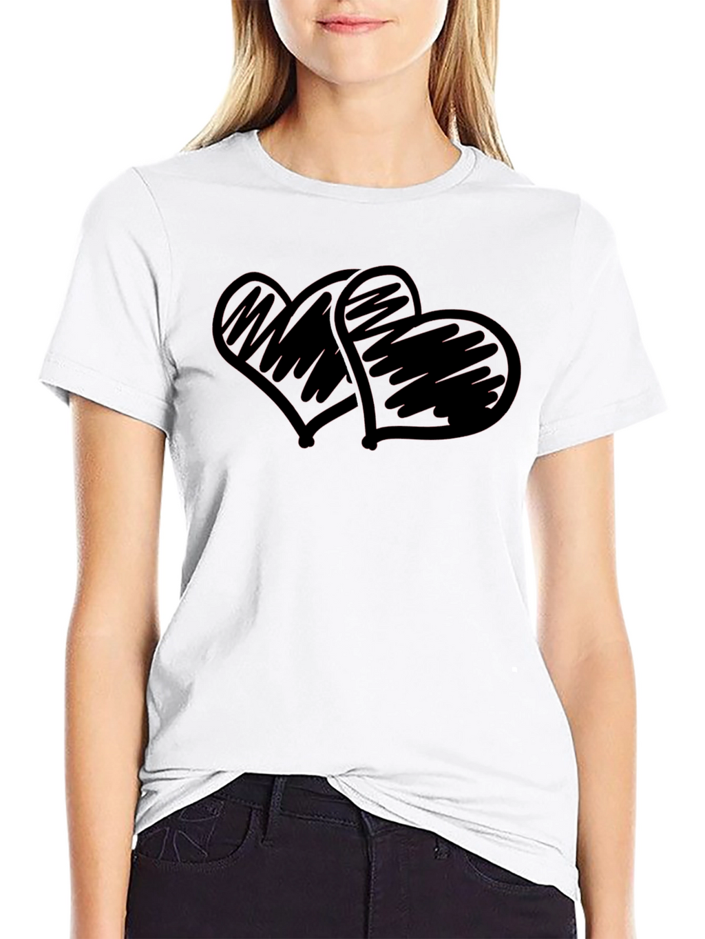 Black T-Shirt with Scribbled Hearts Design