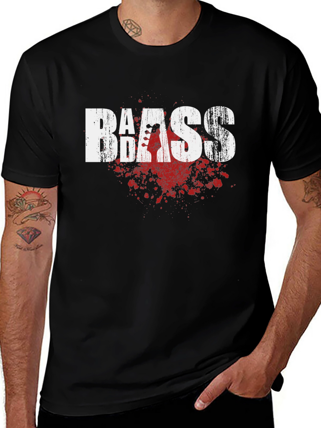 Bass Guitar Blood Splatter Graphic T-Shirt