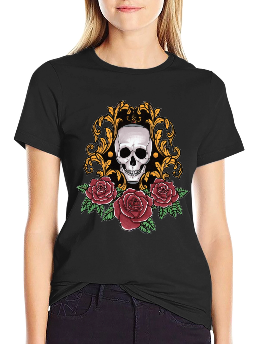 Skull & Roses Graphic Tee - Stylish Black T-Shirt