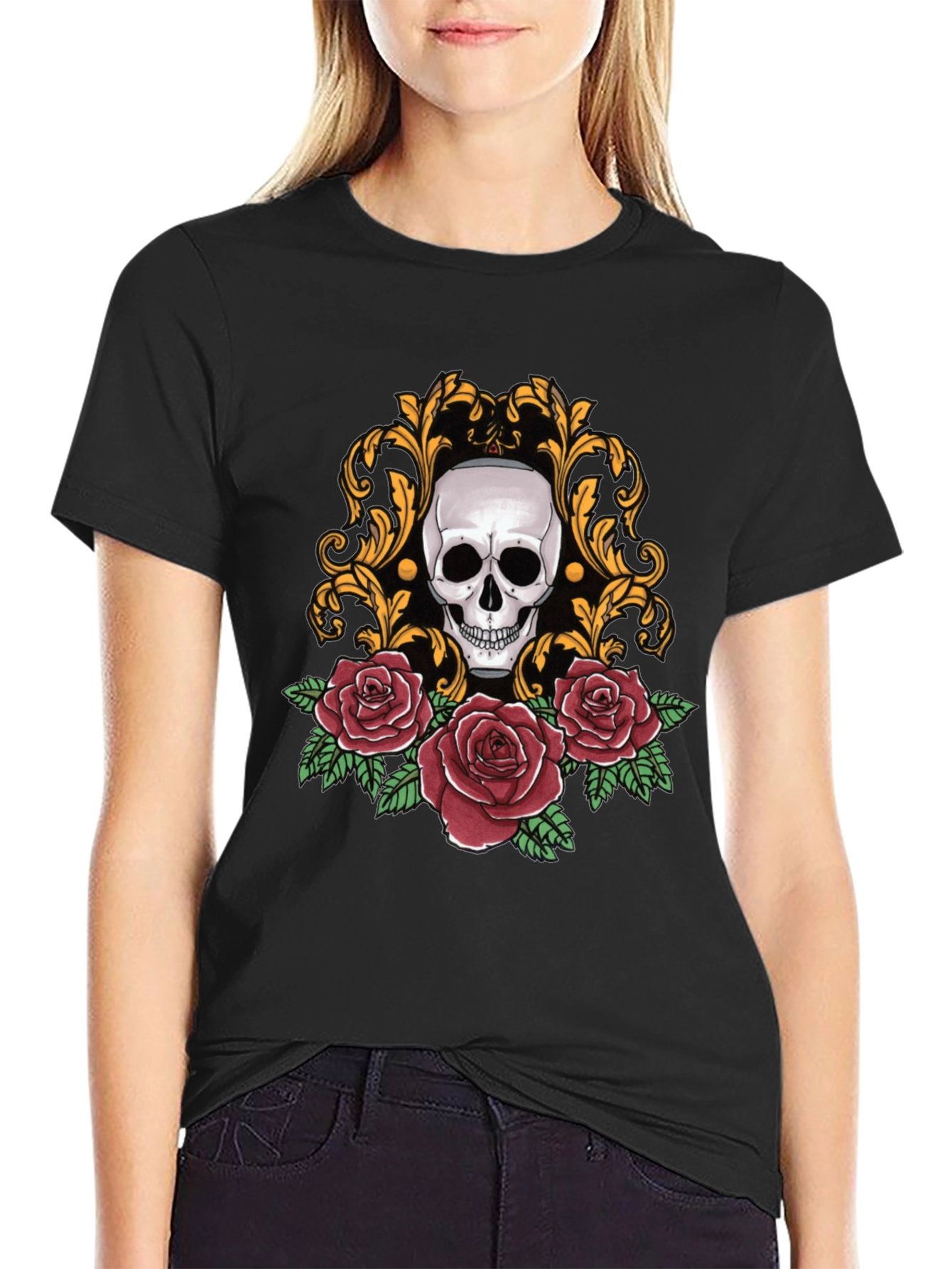 Skull & Roses Graphic Tee - Stylish Black T-Shirt