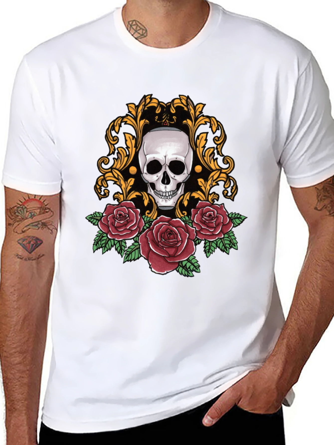 Skull & Roses Graphic Tee - Stylish Black T-Shirt