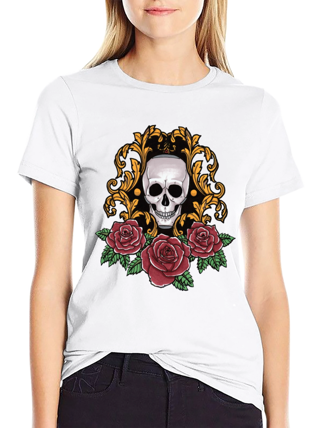 Skull & Roses Graphic Tee - Stylish Black T-Shirt