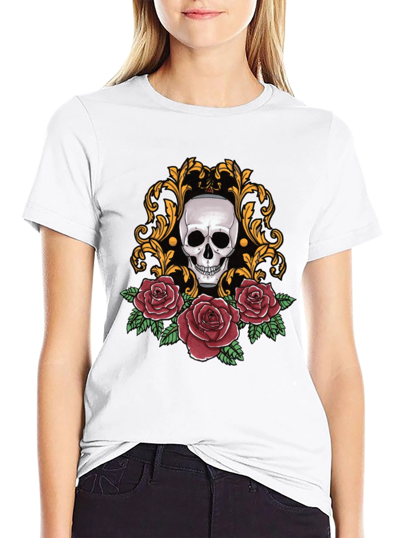 Skull & Roses Graphic Tee - Stylish Black T-Shirt