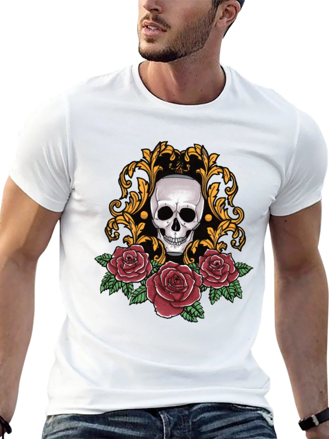 Skull & Roses Graphic Tee - Stylish Black T-Shirt