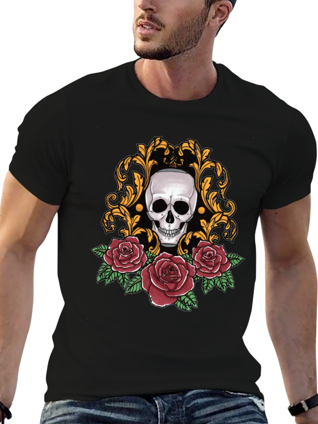 Skull & Roses Graphic Tee - Stylish Black T-Shirt