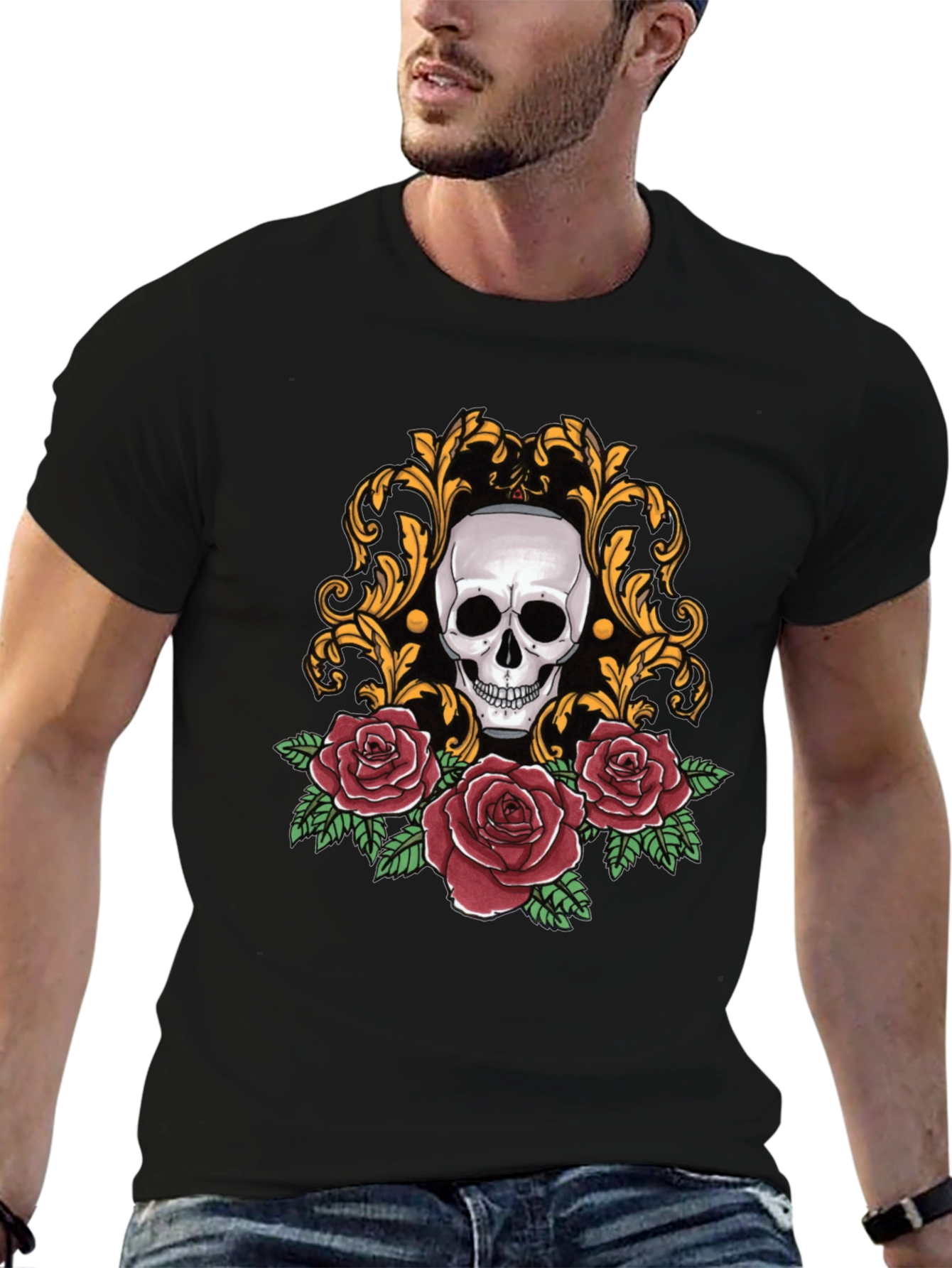 Skull & Roses Graphic Tee - Stylish Black T-Shirt