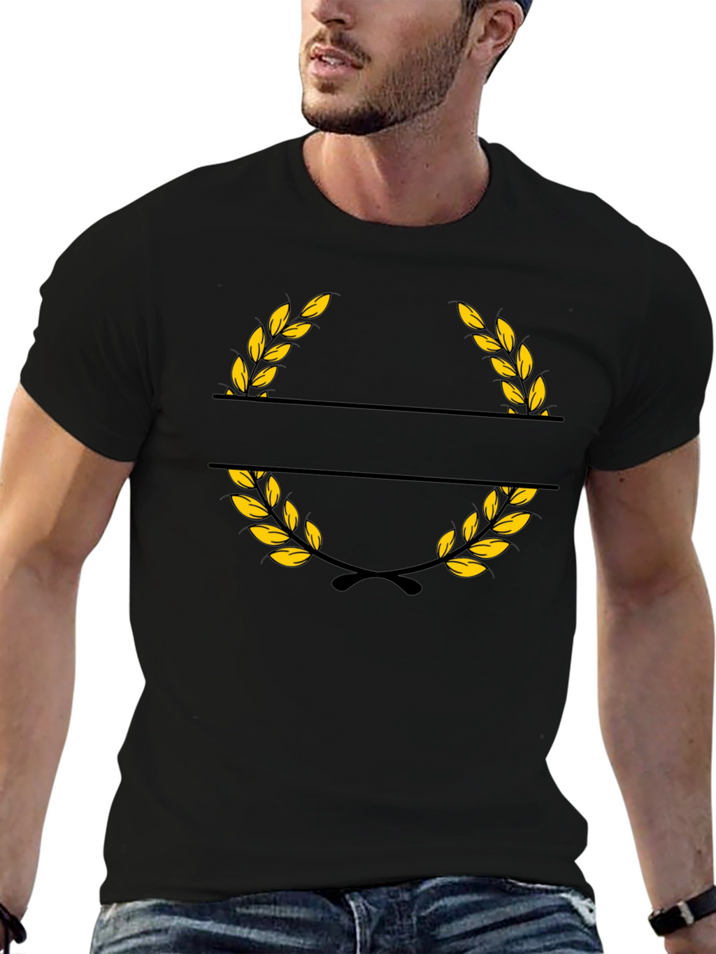 Elegant Black T-Shirt with Golden Wreath Design