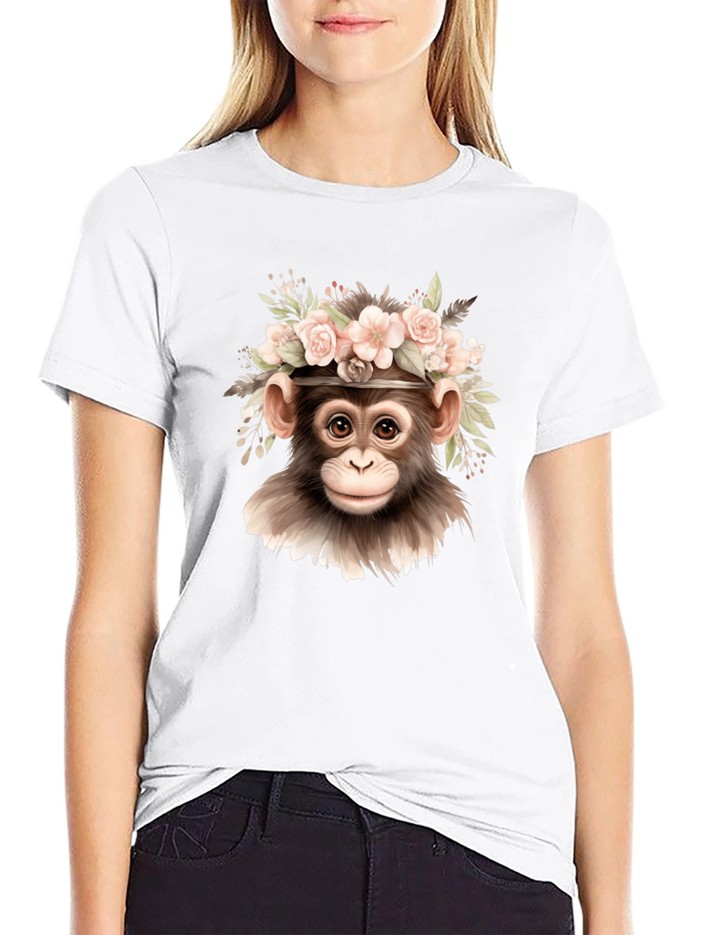 Floral Monkey Graphic Tee - Black Cotton Blend