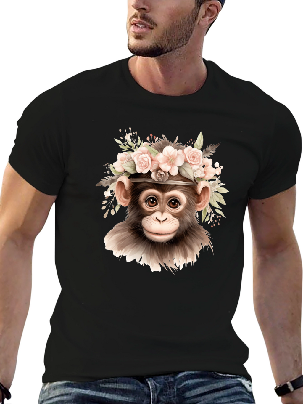 Floral Monkey Graphic Tee - Black Cotton Blend