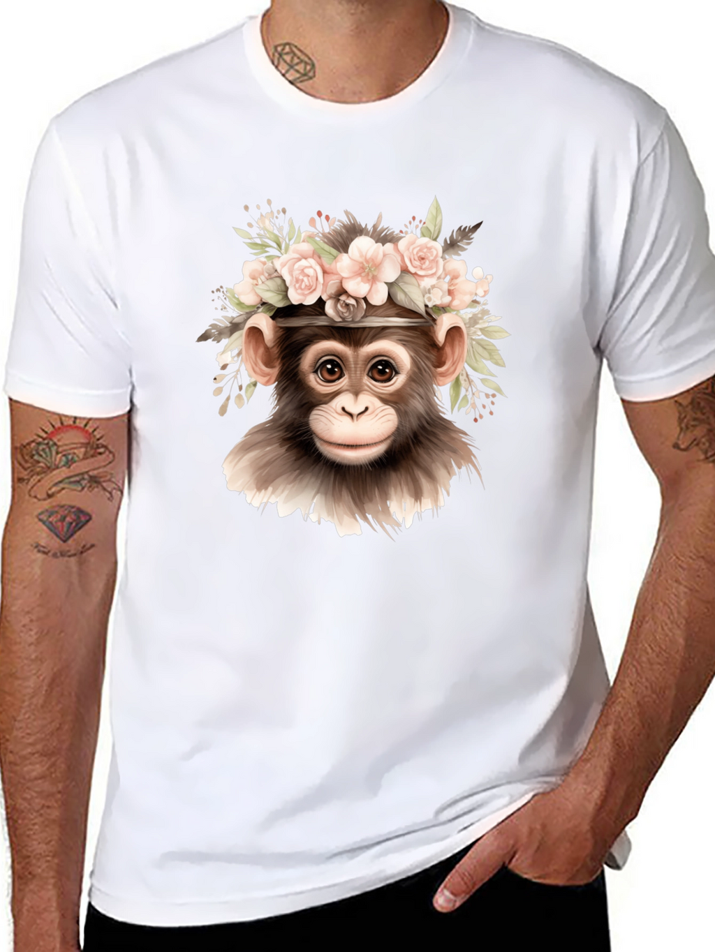 Floral Monkey Graphic Tee - Black Cotton Blend