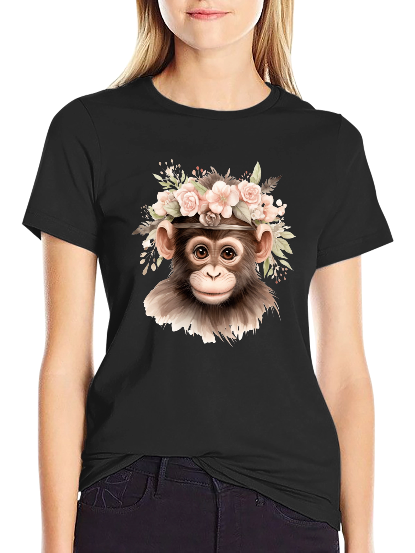 Floral Monkey Graphic Tee - Black Cotton Blend