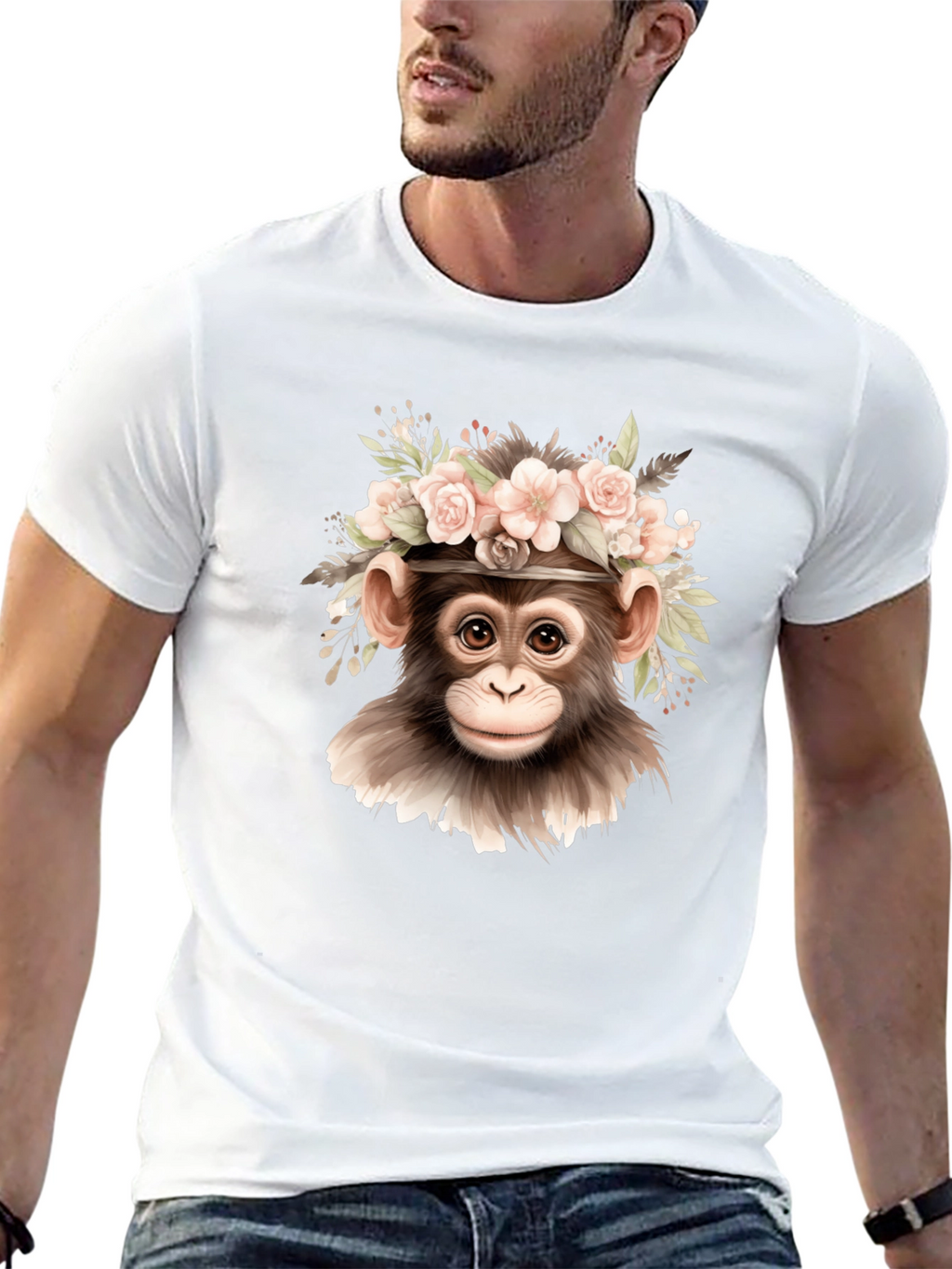 Floral Monkey Graphic Tee - Black Cotton Blend