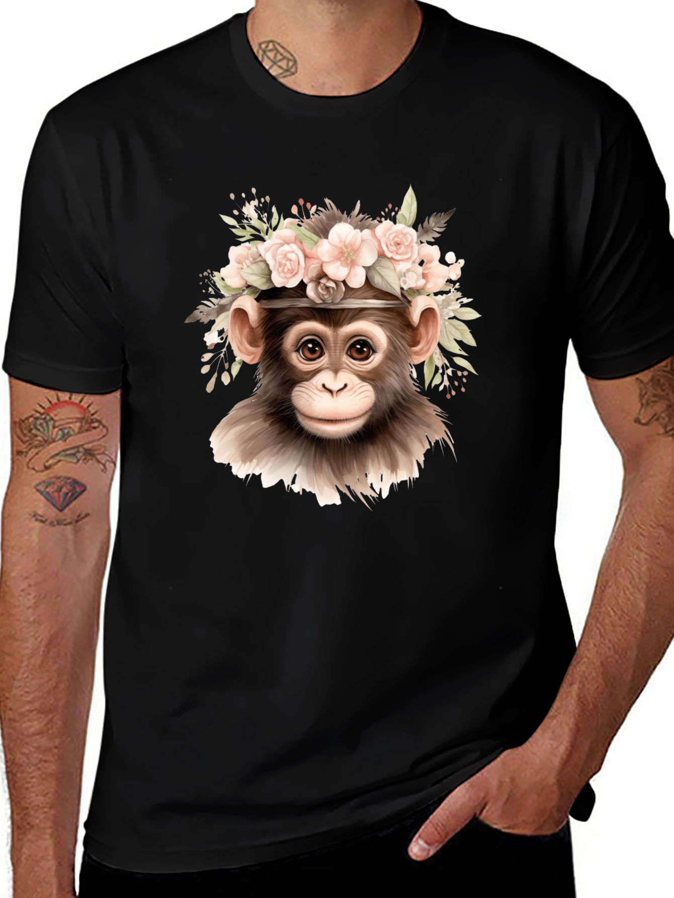 Floral Monkey Graphic Tee - Black Cotton Blend