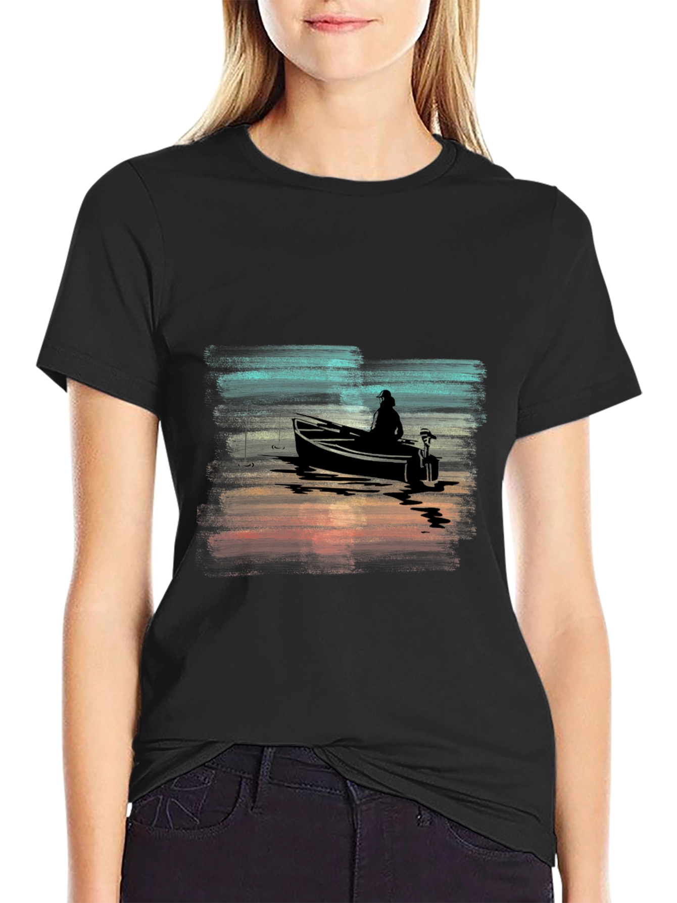 Vintage Fishing Boat Graphic Tee - Black Cotton T-Shirt