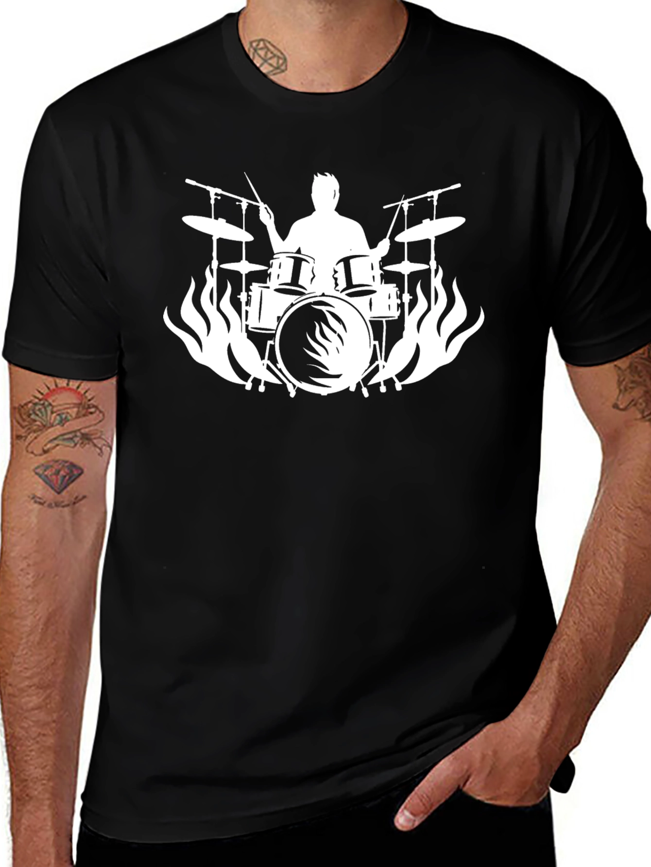 Drummer Silhouette Flames Graphic Tee - Rocker Style Shirt
