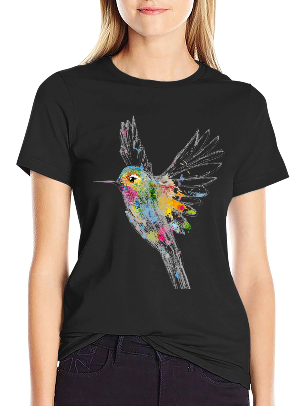 Hummingbird Graphic Print Black T-Shirt