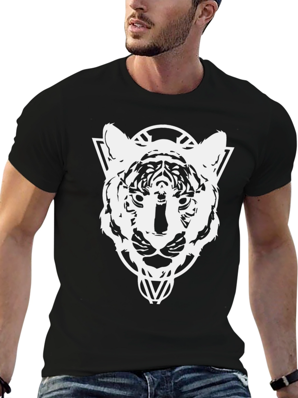 Geometric Tiger Head Graphic T-Shirt - Black