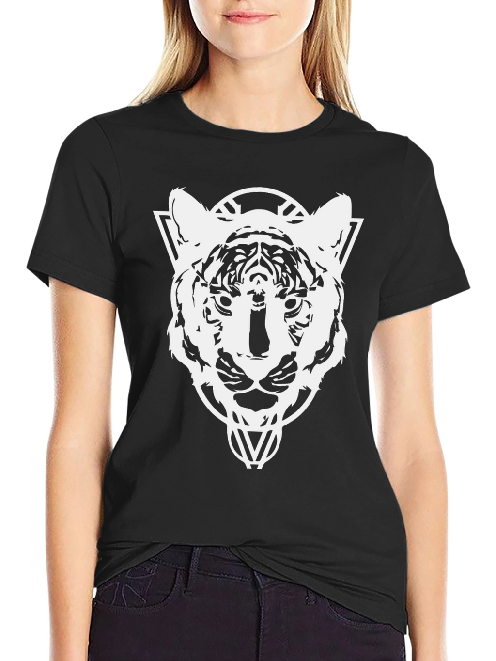 Geometric Tiger Head Graphic T-Shirt - Black
