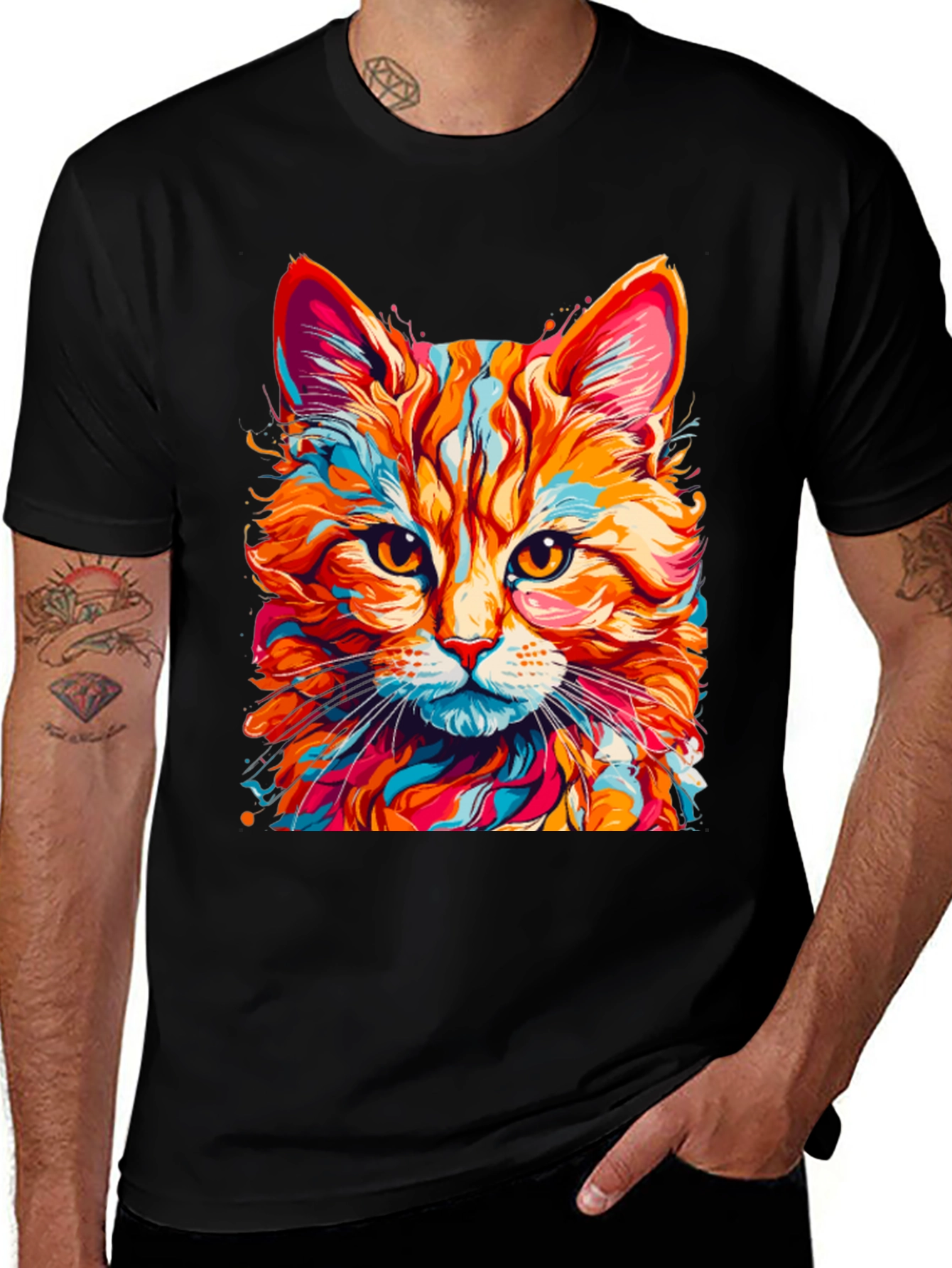 Colorful Cat Graphic T-Shirt - Fun Animal Print Tee