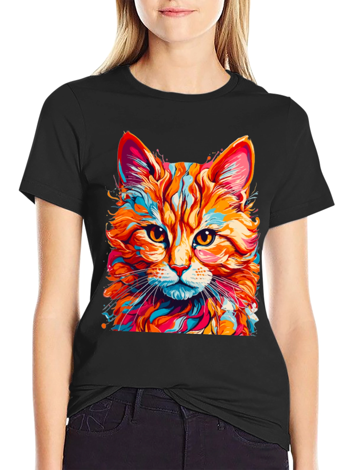 Colorful Cat Graphic T-Shirt - Fun Animal Print Tee