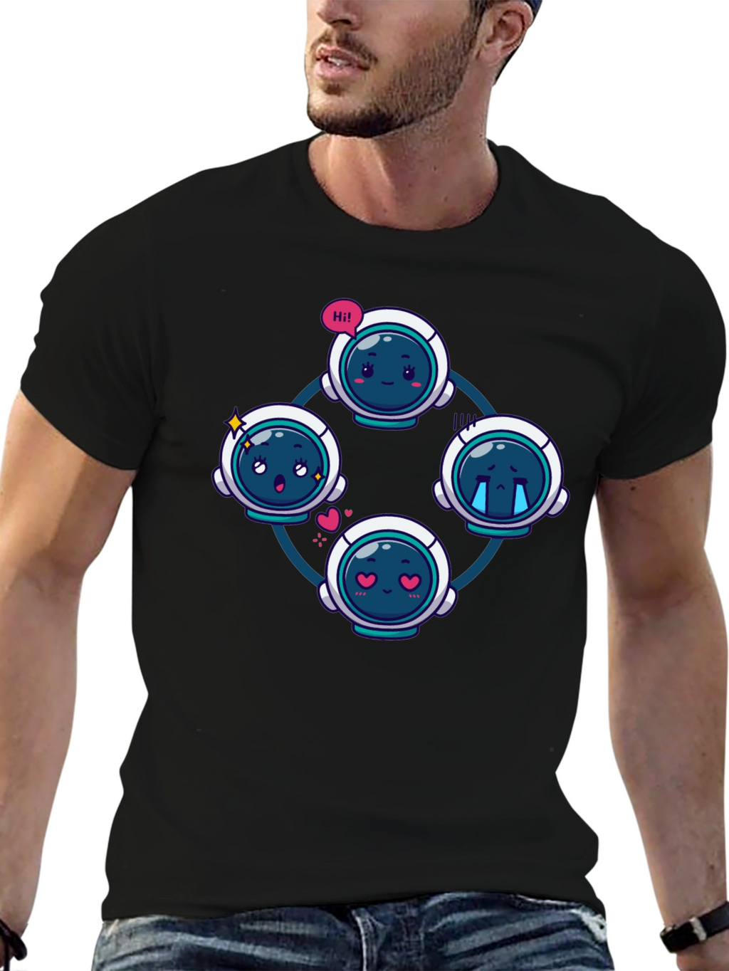 Astronaut Emoji Circle Black T-Shirt