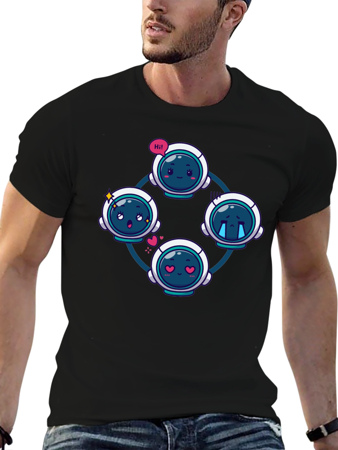 Astronaut Emoji Circle Black T-Shirt