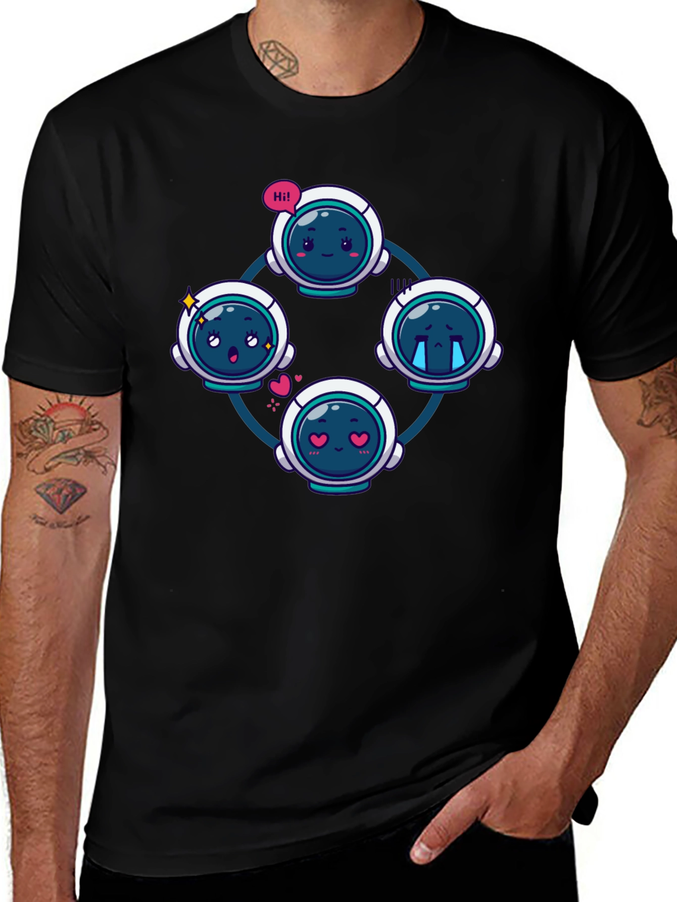 Astronaut Emoji Circle Black T-Shirt