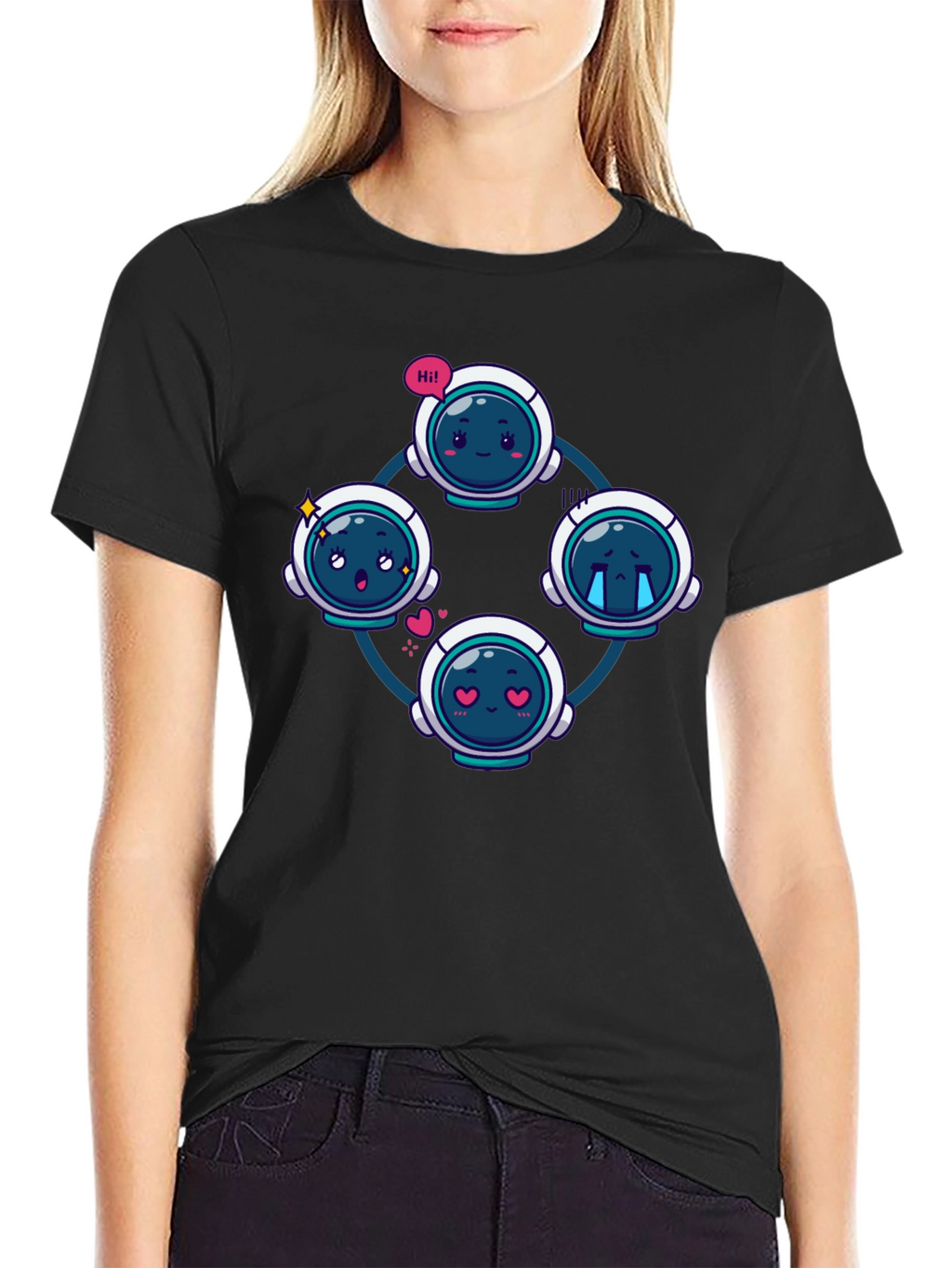 Astronaut Emoji Circle Black T-Shirt