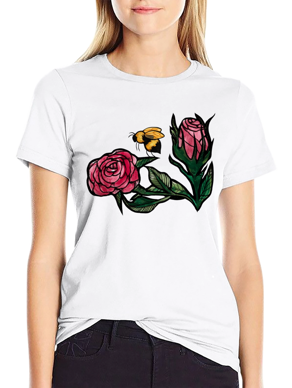 Floral Bee Graphic Tee - Stylish Black T-Shirt