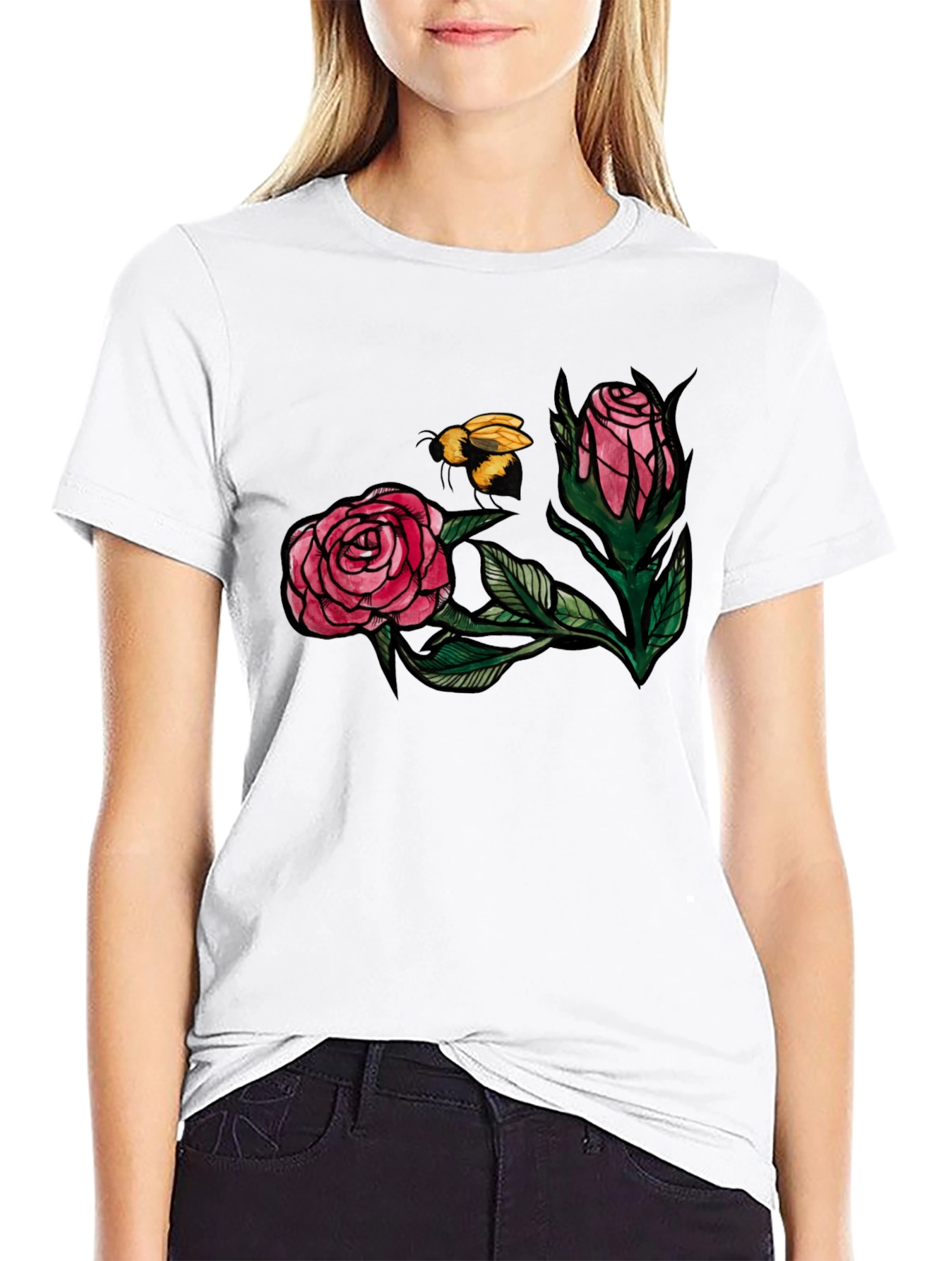Floral Bee Graphic Tee - Stylish Black T-Shirt