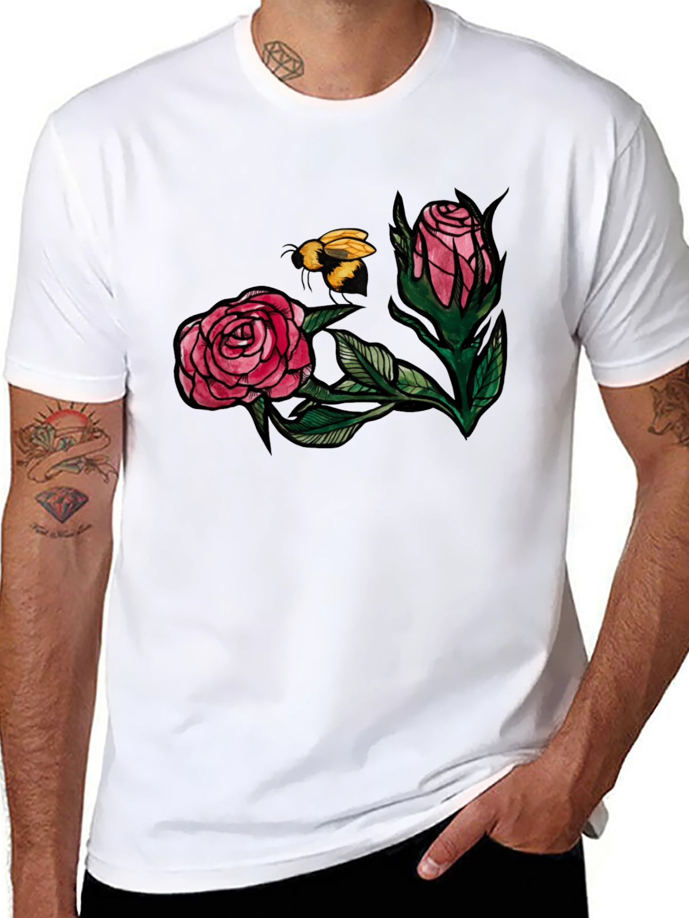 Floral Bee Graphic Tee - Stylish Black T-Shirt