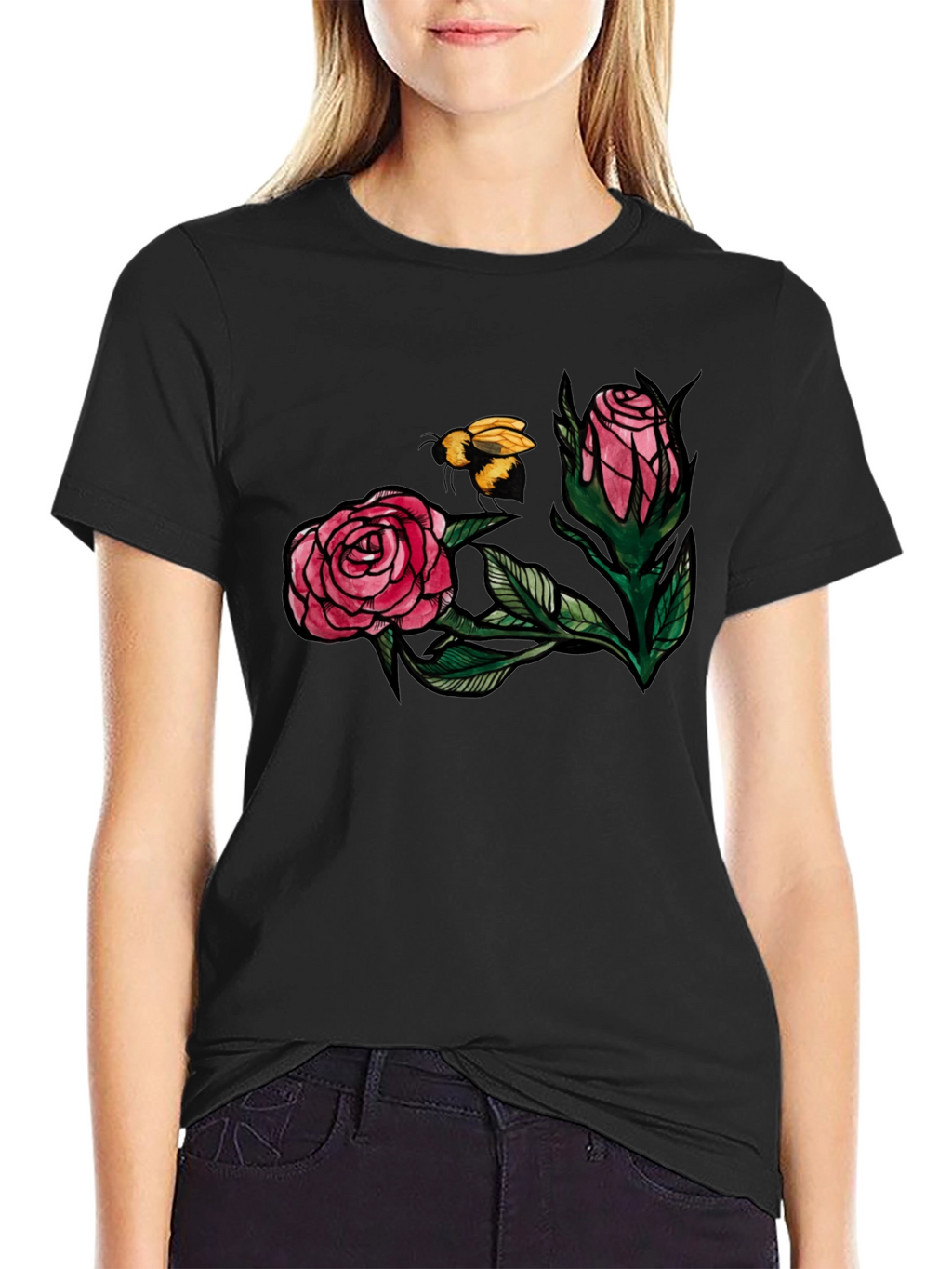Floral Bee Graphic Tee - Stylish Black T-Shirt