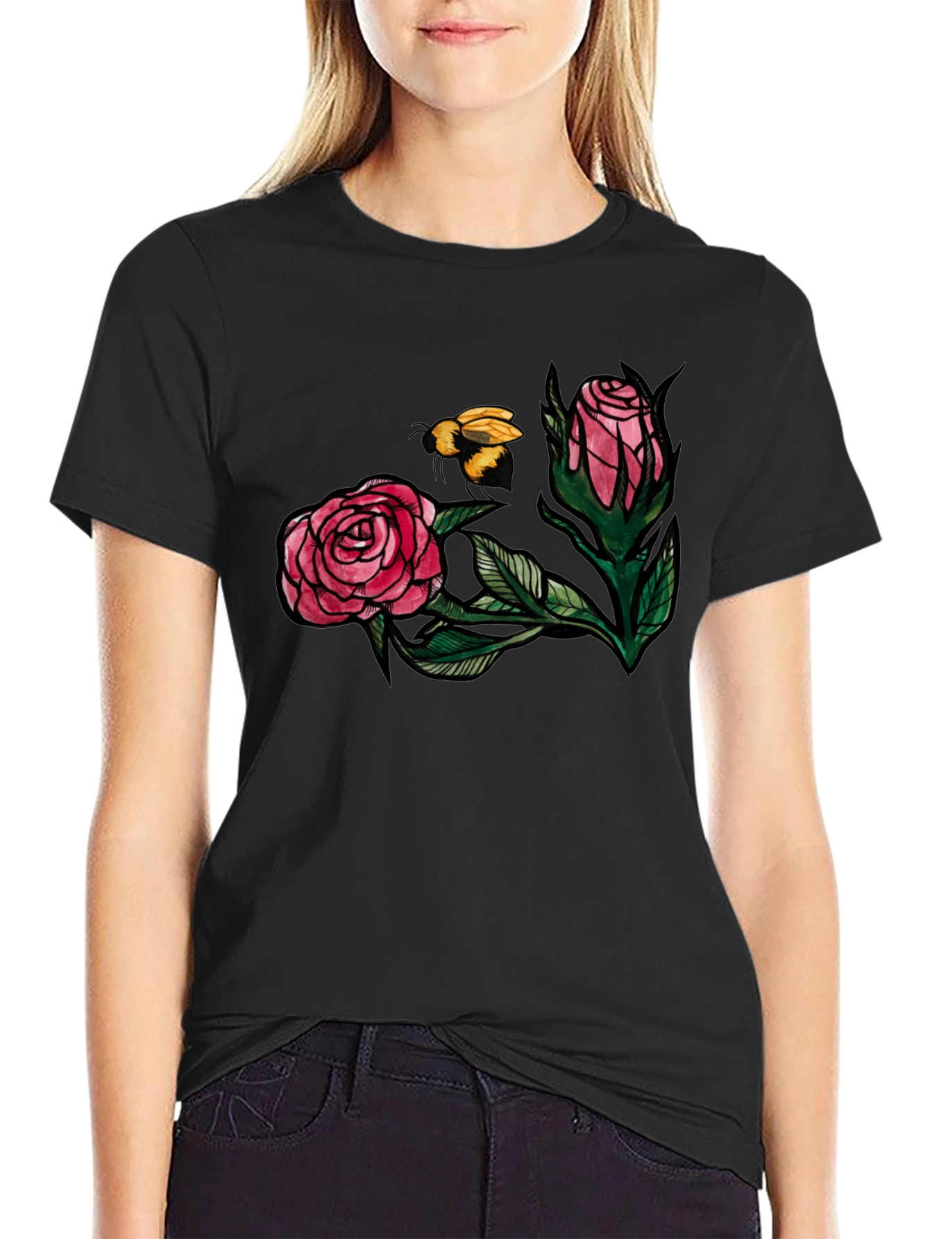 Floral Bee Graphic Tee - Stylish Black T-Shirt