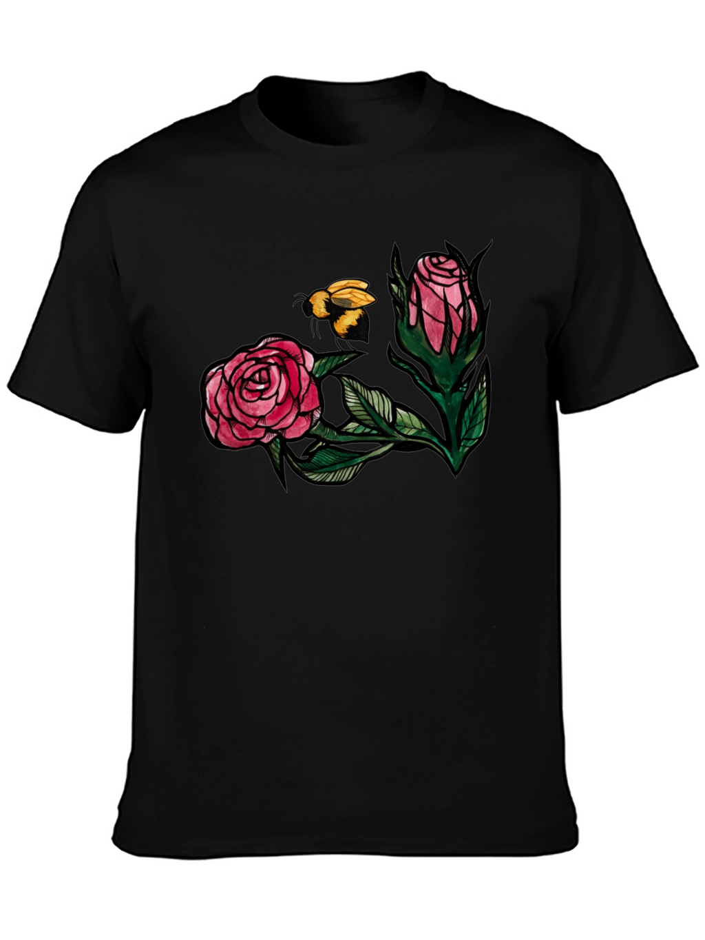 Floral Bee Graphic Tee - Stylish Black T-Shirt