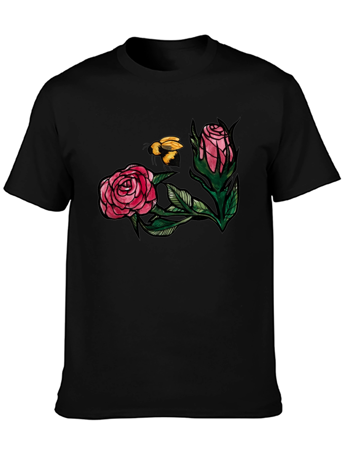Floral Bee Graphic Tee - Stylish Black T-Shirt