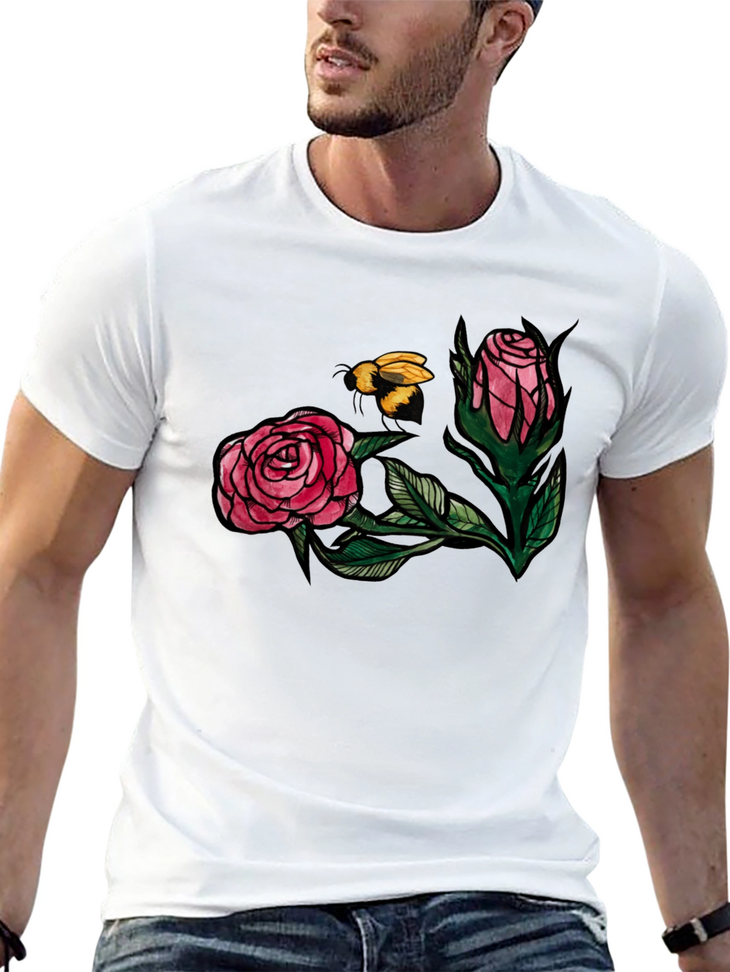 Floral Bee Graphic Tee - Stylish Black T-Shirt