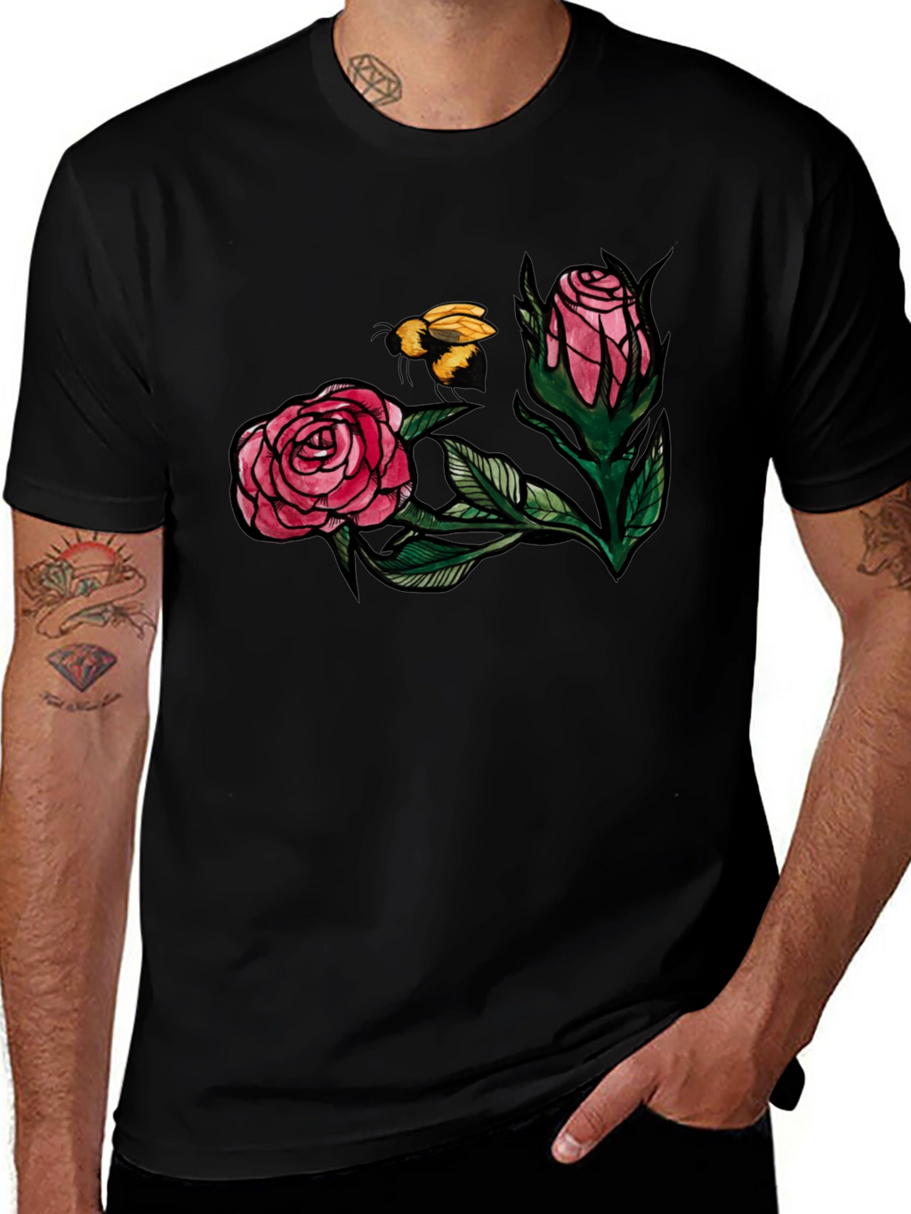 Floral Bee Graphic Tee - Stylish Black T-Shirt