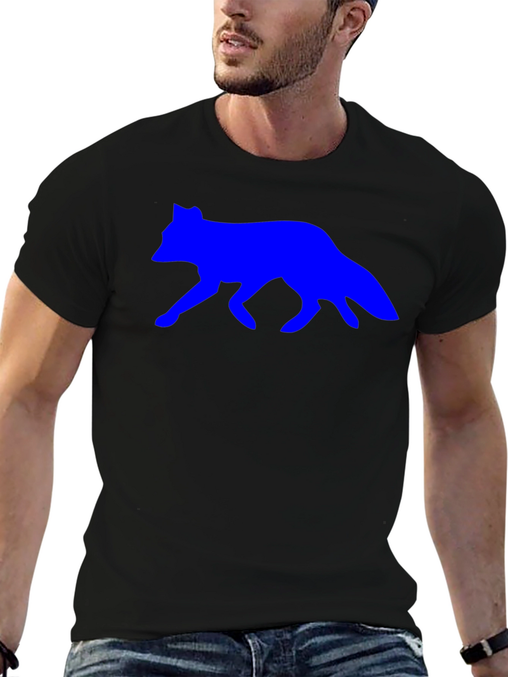 Mens Black T-Shirt with Blue Wolf Design