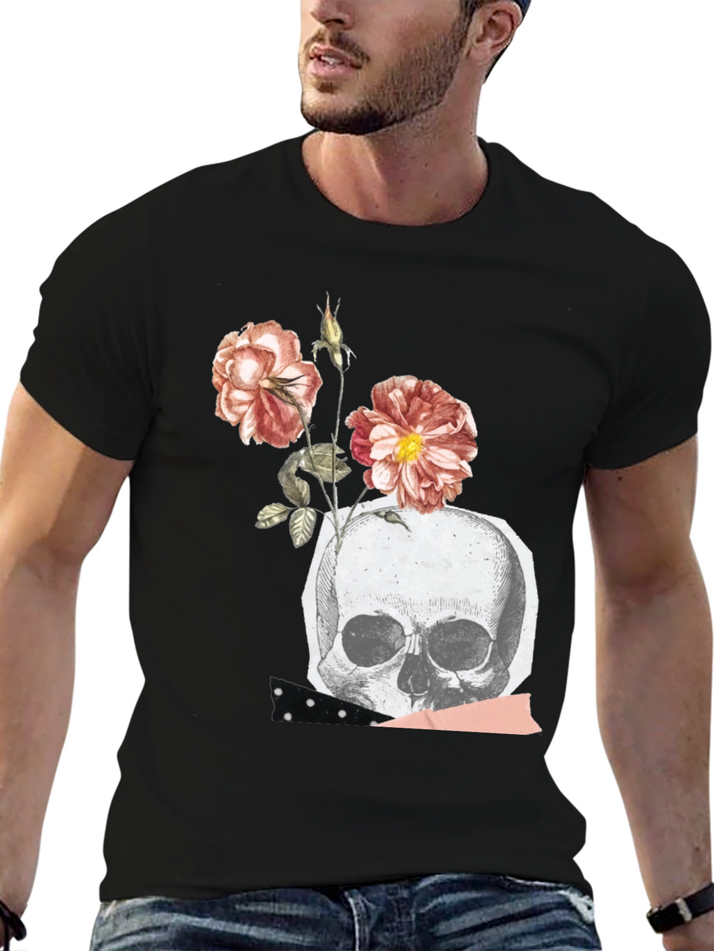 Skull & Roses Graphic Tee - Black Cotton Blend