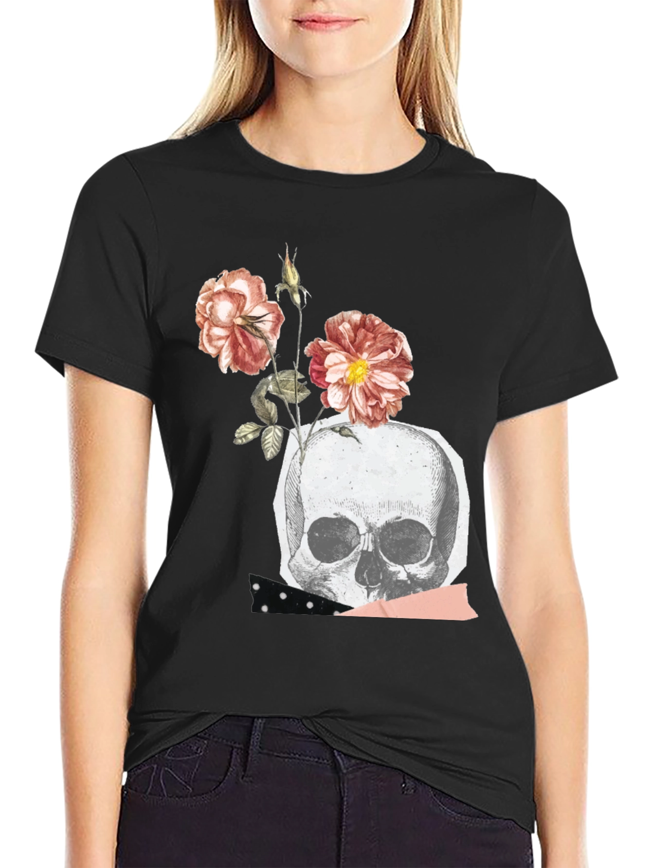 Skull & Roses Graphic Tee - Black Cotton Blend