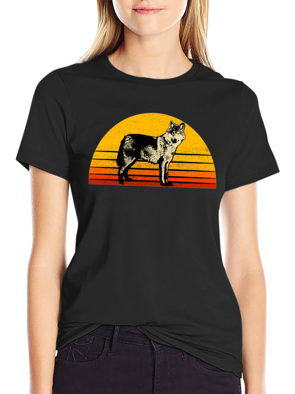 Retro Wolf Sunset Graphic Tee - Black