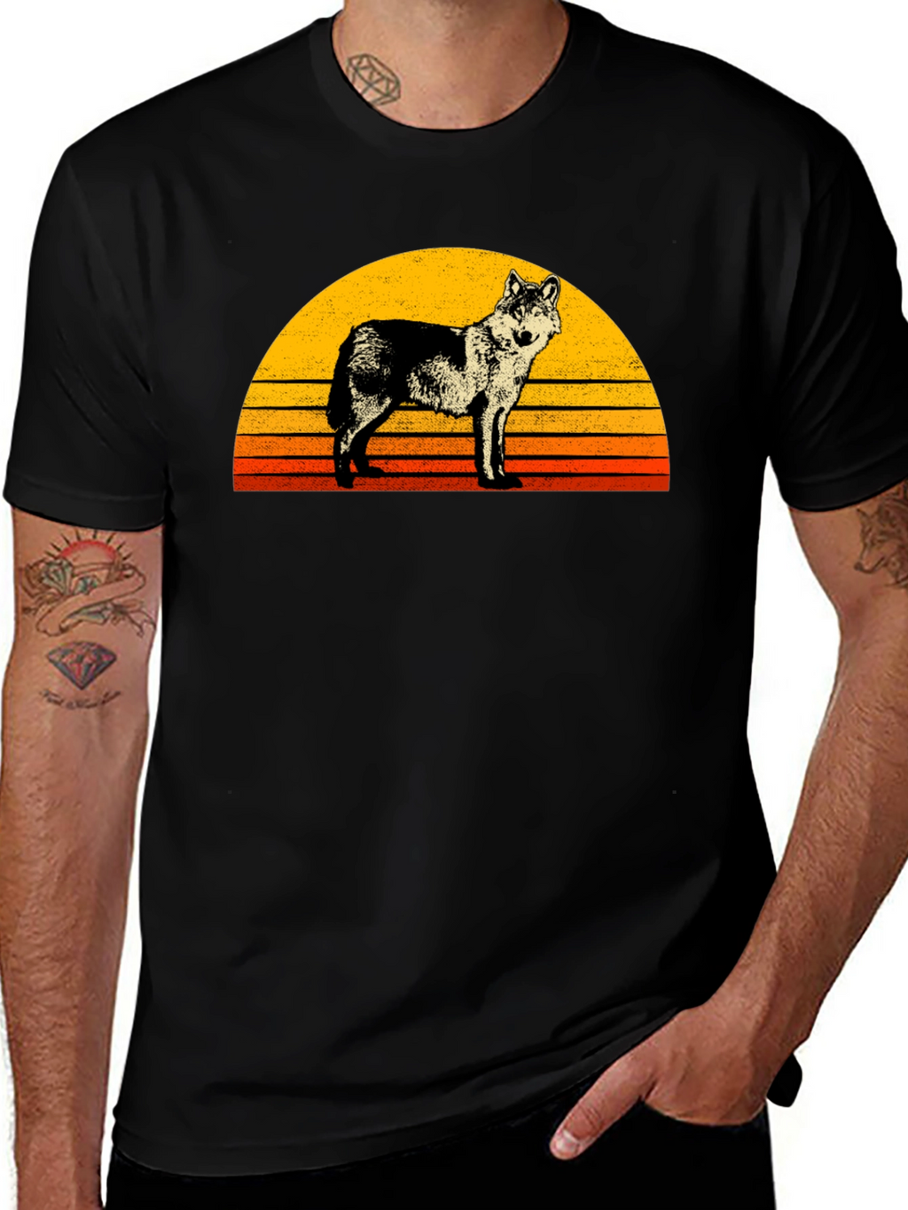 Retro Wolf Sunset Graphic Tee - Black