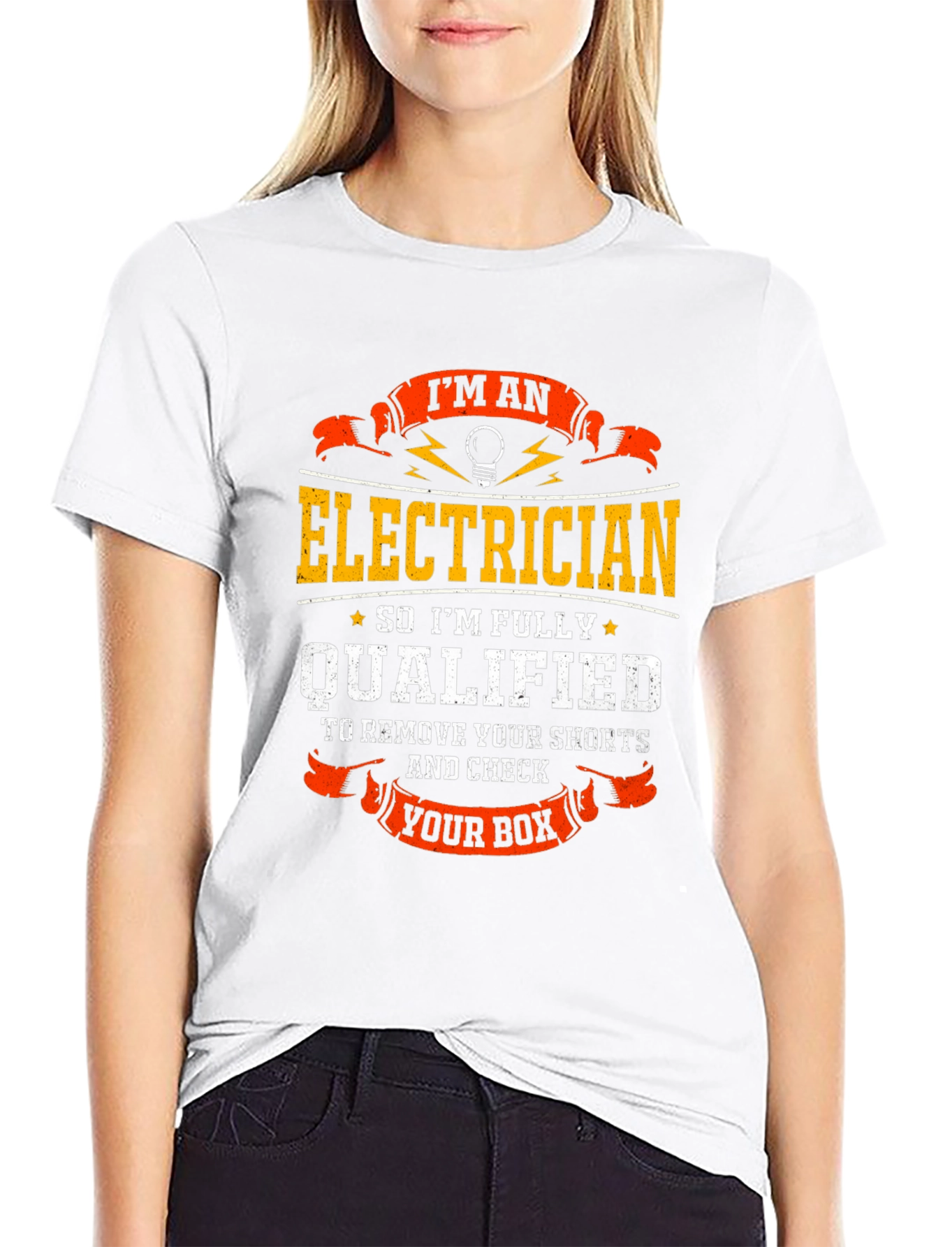 Electrician Humor T-Shirt: Qualified to Check Your Box