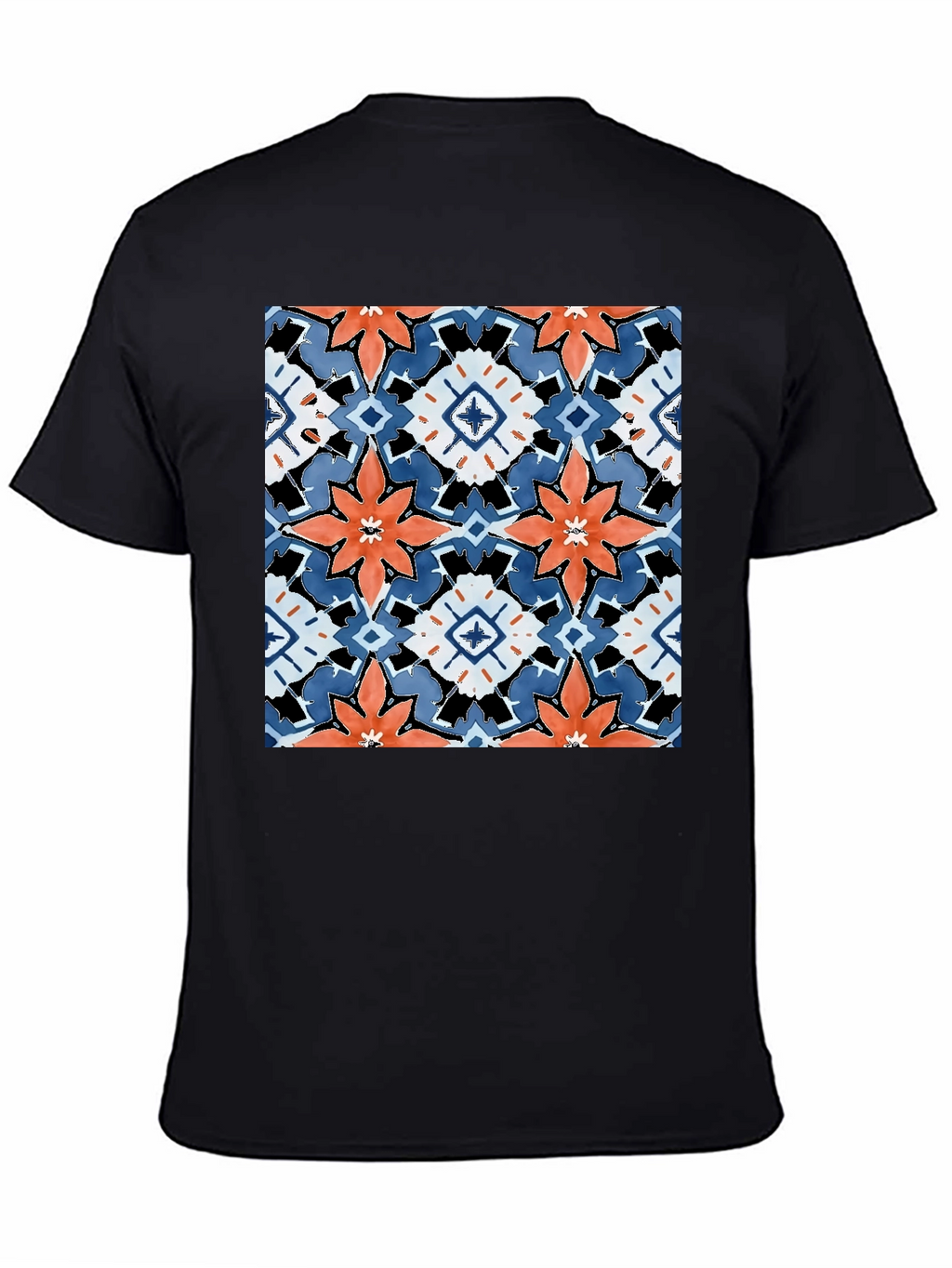 Black T-Shirt with Bold Floral Tile Design