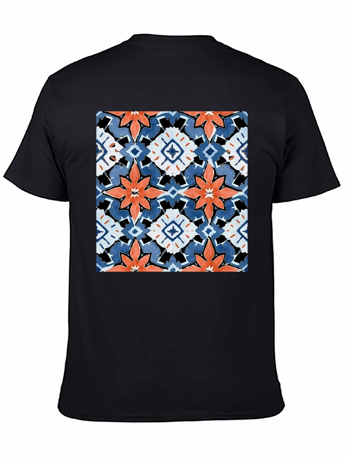 Black T-Shirt with Bold Floral Tile Design