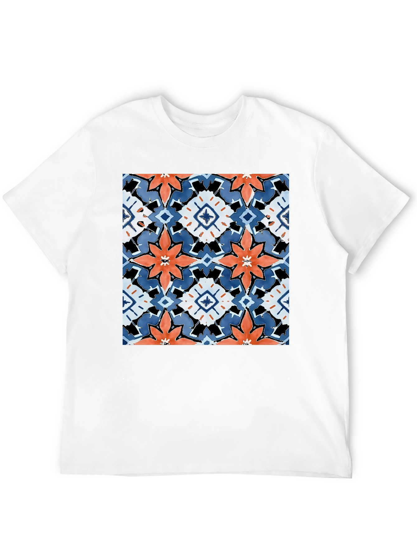 Black T-Shirt with Bold Floral Tile Design