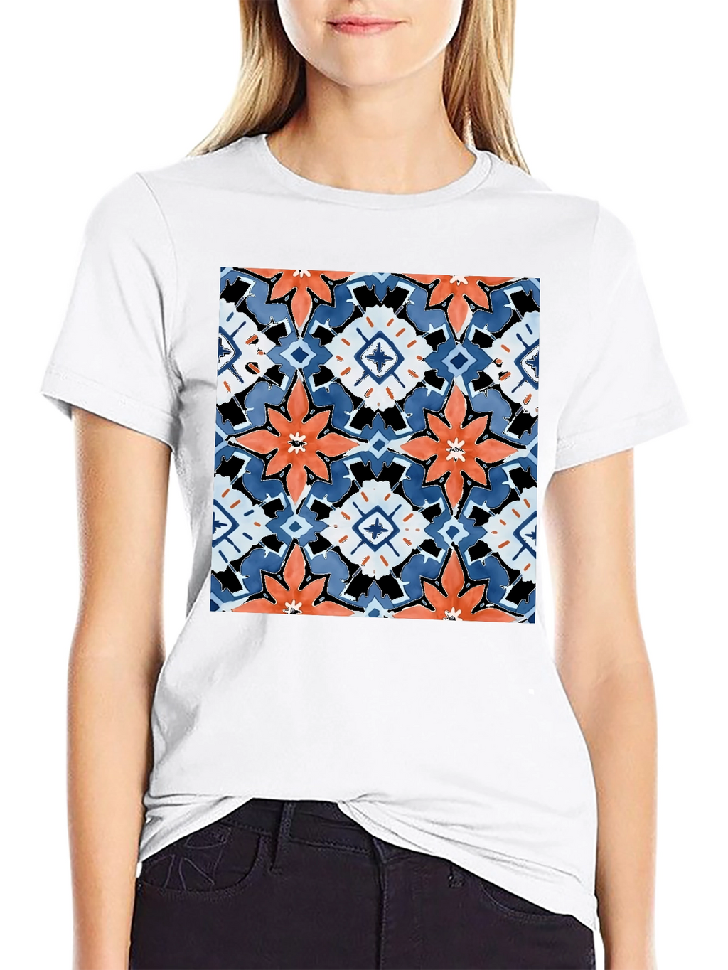 Black T-Shirt with Bold Floral Tile Design