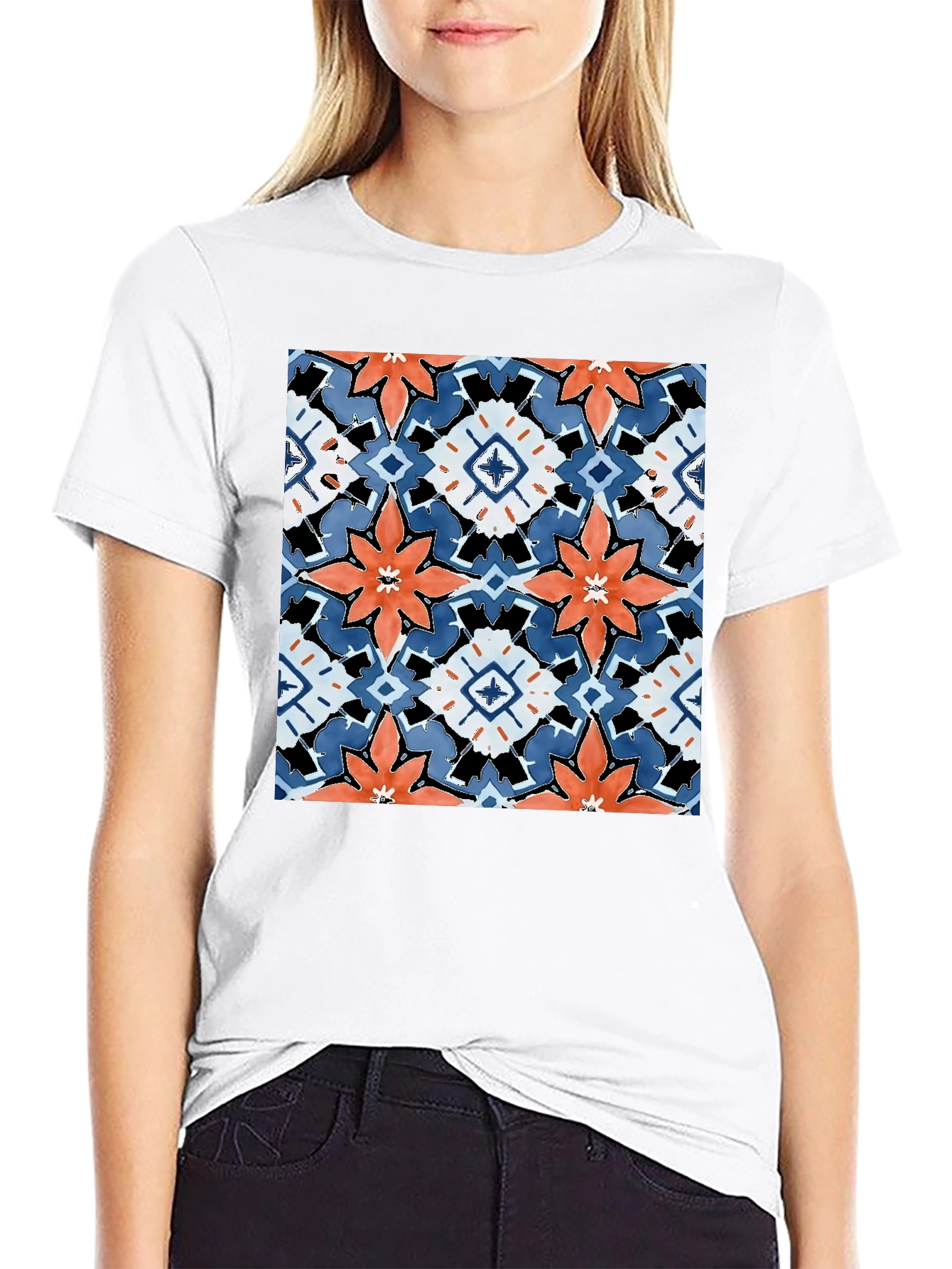 Black T-Shirt with Bold Floral Tile Design
