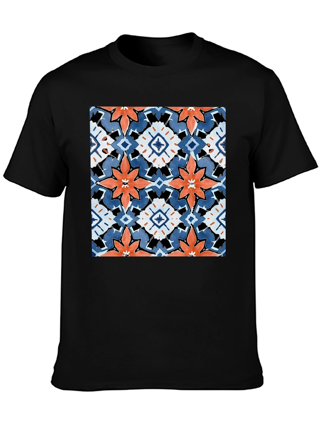 Black T-Shirt with Bold Floral Tile Design